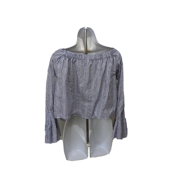 Free People Striped Blue Off Shoulder Blouse Bell Sleeve XS - Picture 12 of 14